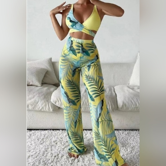 3PC set Bikini with Mesh Legging Tropical vibe Swimsuit set - Picture 2 of 6